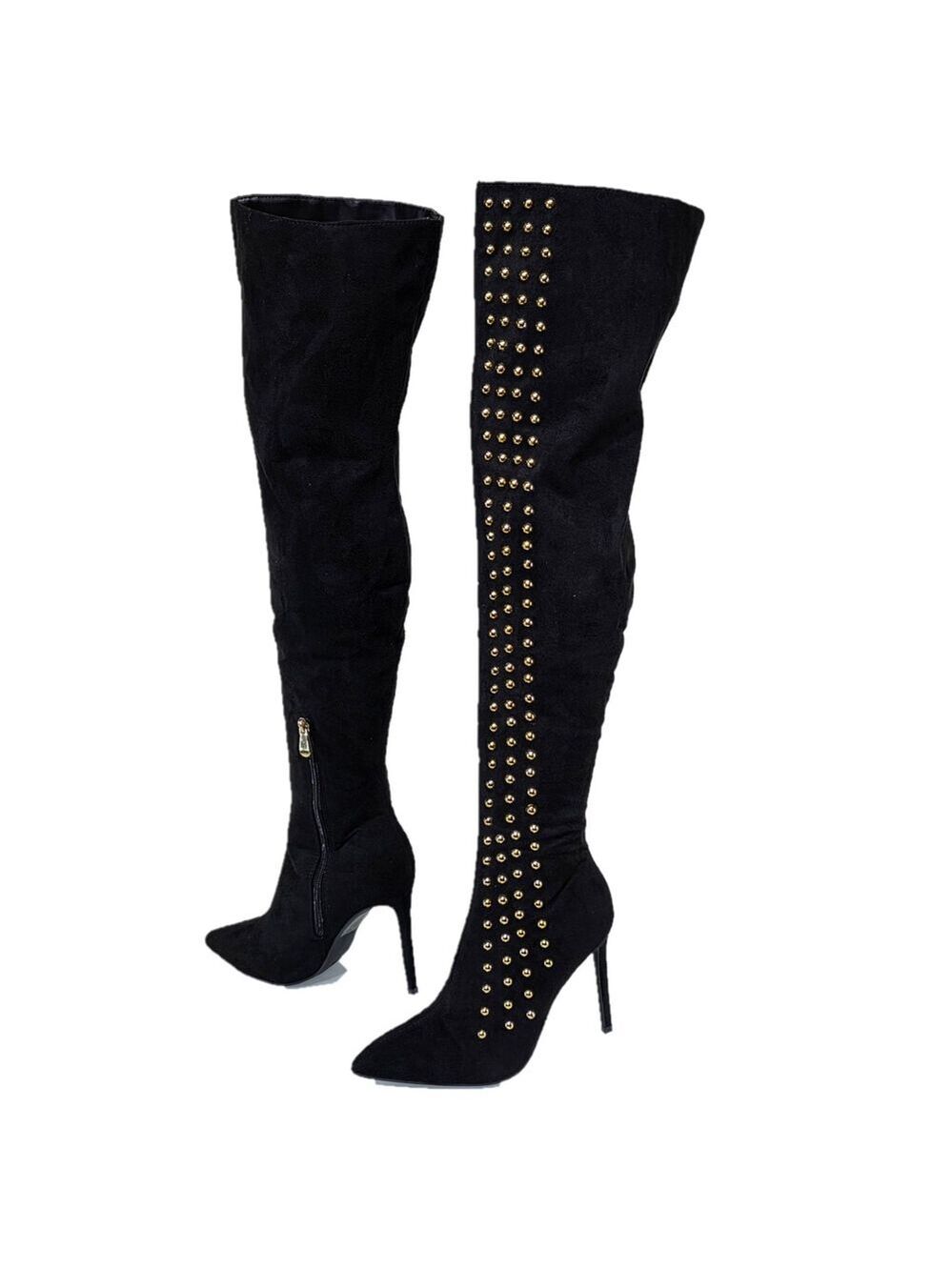 NIB So Me Mariah Gold Button Stud Pointy Toe High Heel OTK Thigh Boots